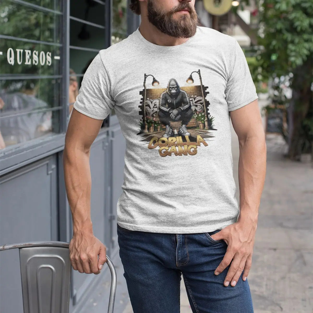 Camiseta Masculina GuGi Estampa Gorilla Gang Streetwear 100% Algodão Premium com Reforço nos Ombros