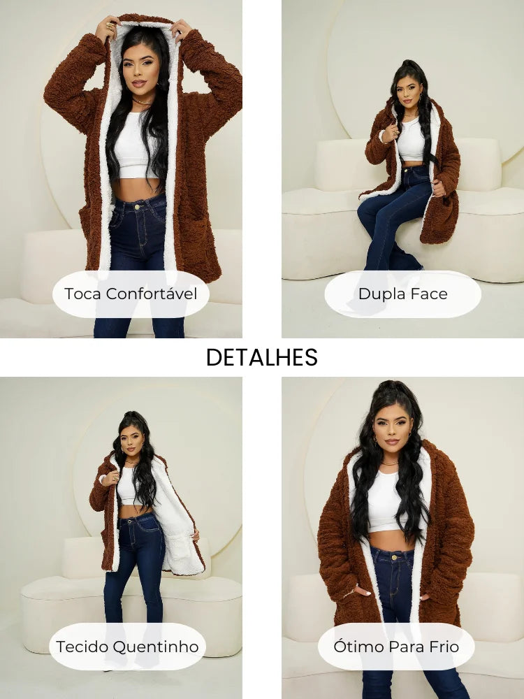 Casaco Teddy Bear Peluciado Dupla Face com Capuz e Bolsos – Manga Longa
