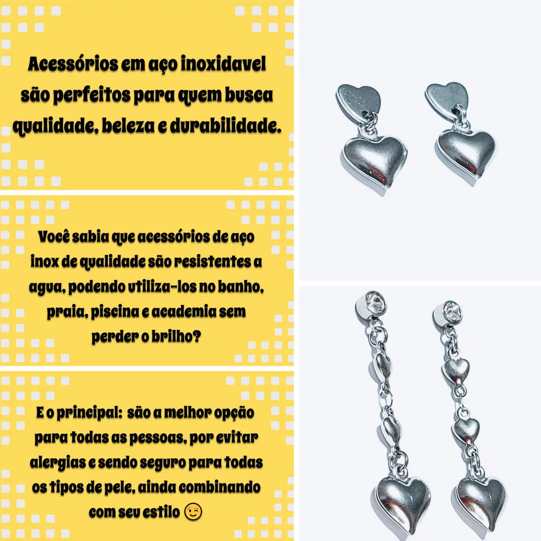Conjunto de brincos de aço inoxidável com base de coração e pingente de coração vazado — elegante e resistente
