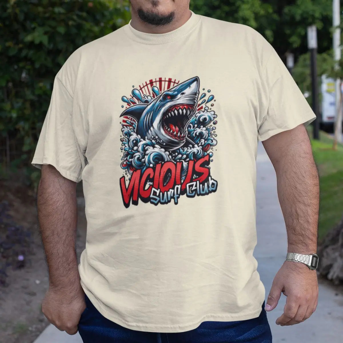 Camiseta Masculina Básica GuGi Shark Vicious Surf Club Shark Beach 100% Algodão Premium