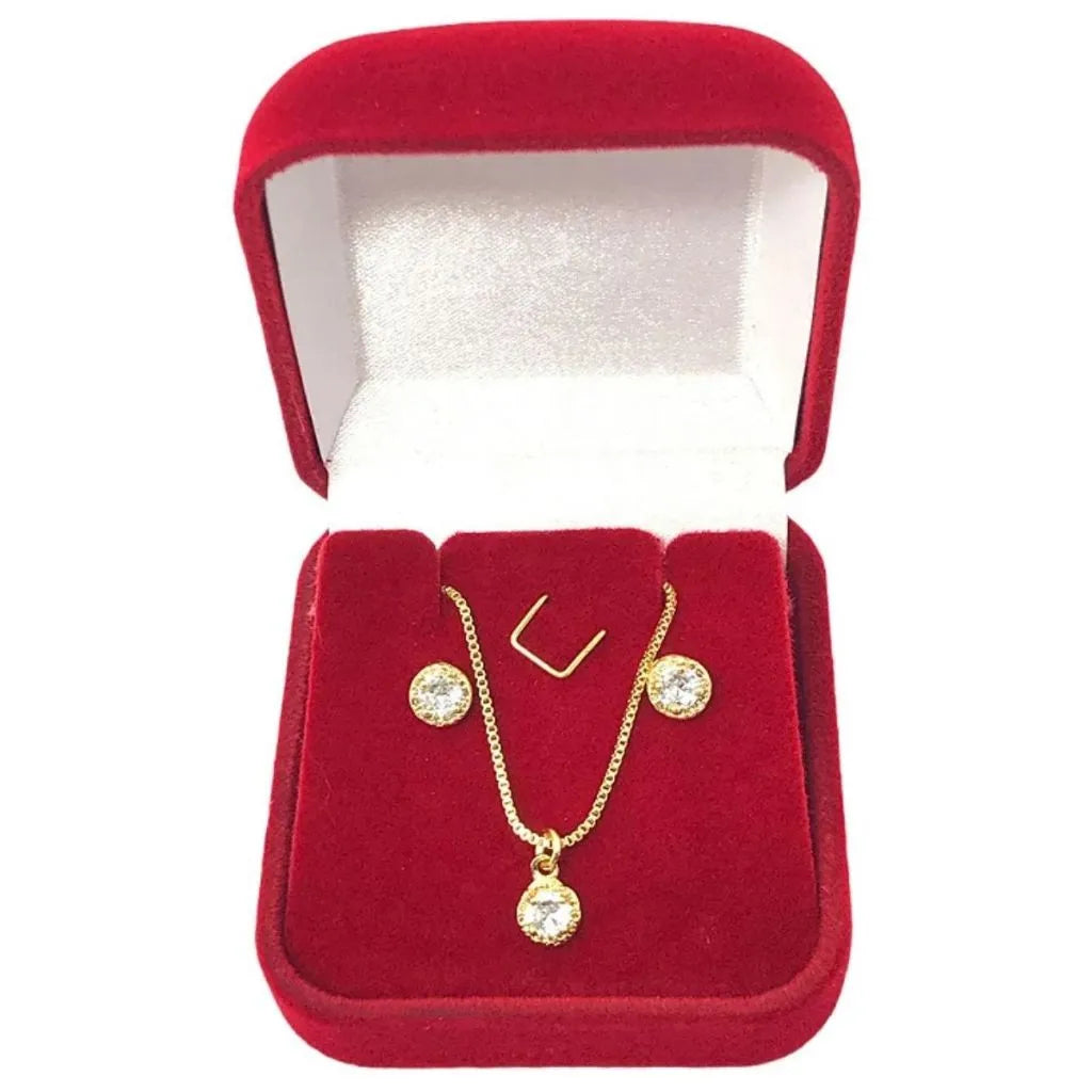 Conjunto Ouro 18K Ponto de Luz com Pingente, Brinco e Colar com Zircônia