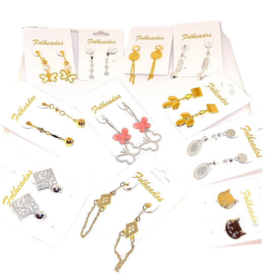 Kit com 10 Pares de Brincos Femininos Banhados a Ouro e Prata 18K