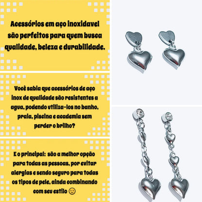 Conjunto de brincos de aço inoxidável com base de coração e pingente de coração vazado — elegante e resistente