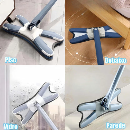 Mop Tipo Borboleta com Cabo Reto e Base Plana 360° – Mop com Rodo Integrado para Limpeza Doméstica