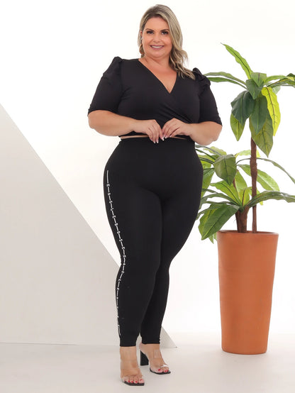 Calça Legging Femininam Plus Size Levanta Bumbum Cintura Alta Total Black Confortável Algodão Modela Corpo
