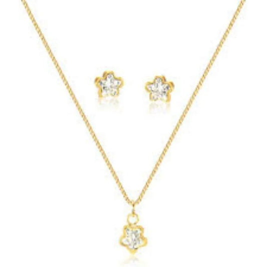 Conjunto Ouro 18K Ponto de Luz com Pingente, Brinco e Colar com Zircônia